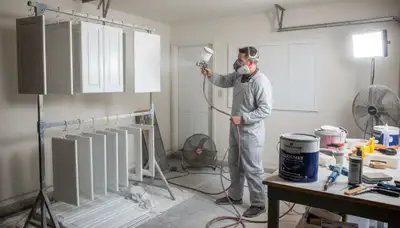 Professional cabinet painting in Chattanooga TN using spray techniques for smooth, durable kitchen finishes