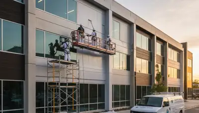 Professional commercial painters finishing office exterior in Chattanooga, TN with durable weatherproof coating