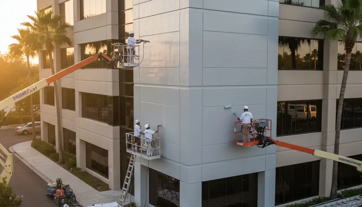 Professional commercial painters working on an office exterior in Chattanooga, TN