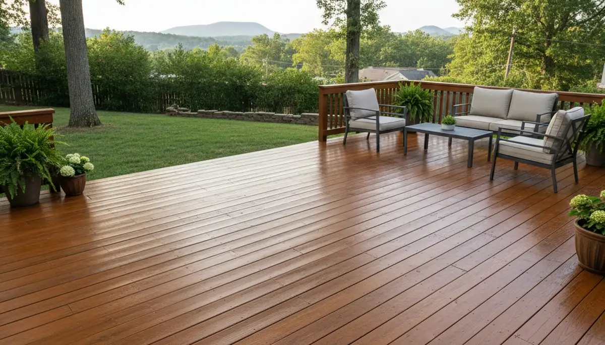 Finished deck staining in Chattanooga, TN showing restored wood color and weather-resistant finish