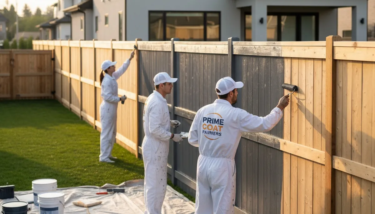 Professional fence painters coating wood fence in Chattanooga, TN for durable outdoor finish