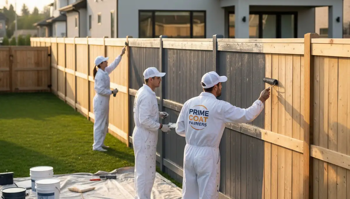 Professional fence painters coating wood fence in Chattanooga, TN for durable outdoor finish