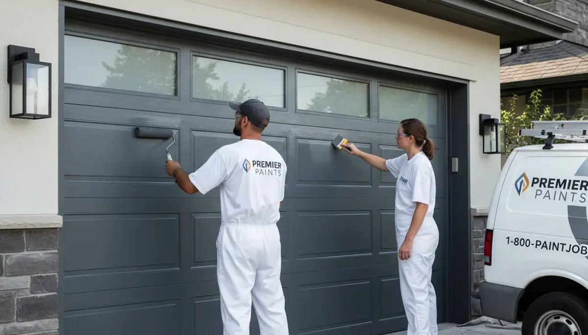 Professional painters refinishing a garage door in Chattanooga TN with durable weather-resistant paint