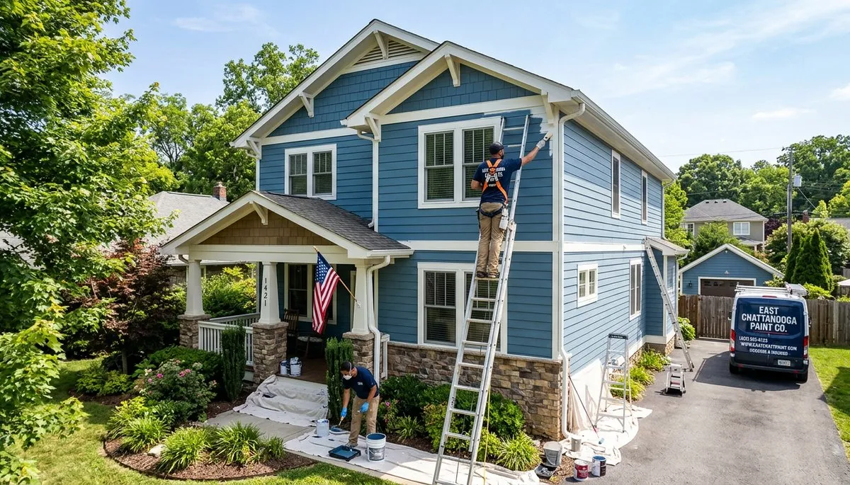 Professional house painters working on exterior home in Chattanooga TN