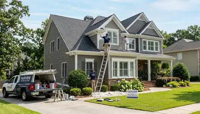 Professional house painters working on exterior home in Chattanooga, TN