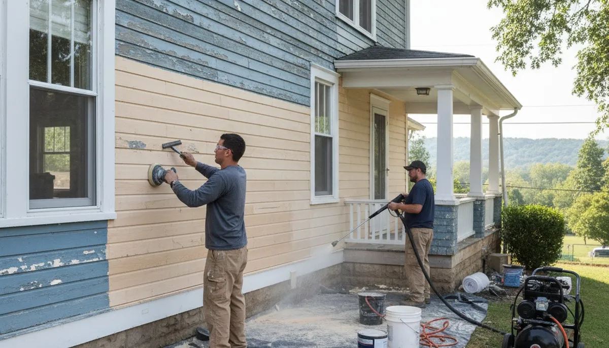 Painter sanding exterior wall for surface prep before painting a home in Chattanooga, TN